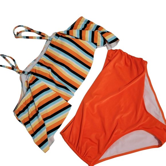 1XL Shein 2 Piece Orange Striped Bikini 943 - Picture 1 of 6
